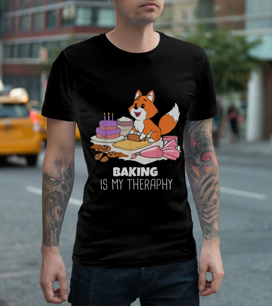 Baking Is My Therapy Cute Fox With Rolling Dough And Sweet Treats T-Shirt