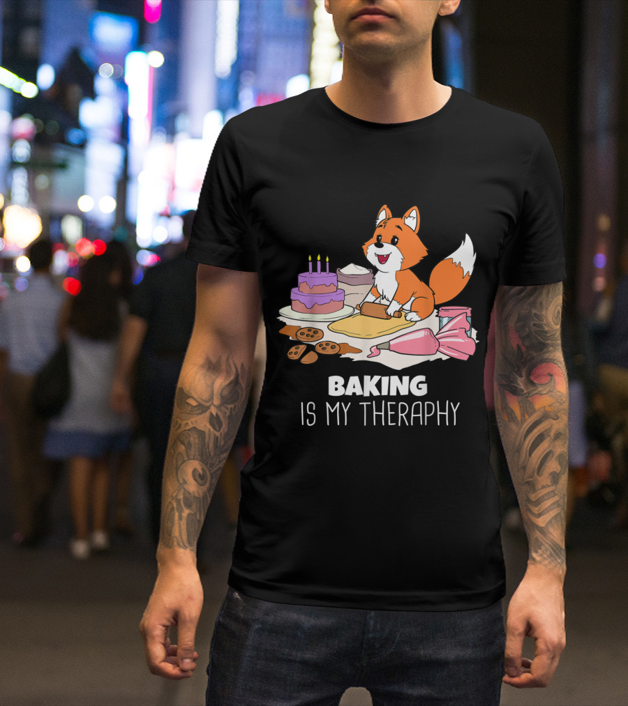 Baking Is My Therapy Cute Fox With Rolling Dough And Sweet Treats T-Shirt