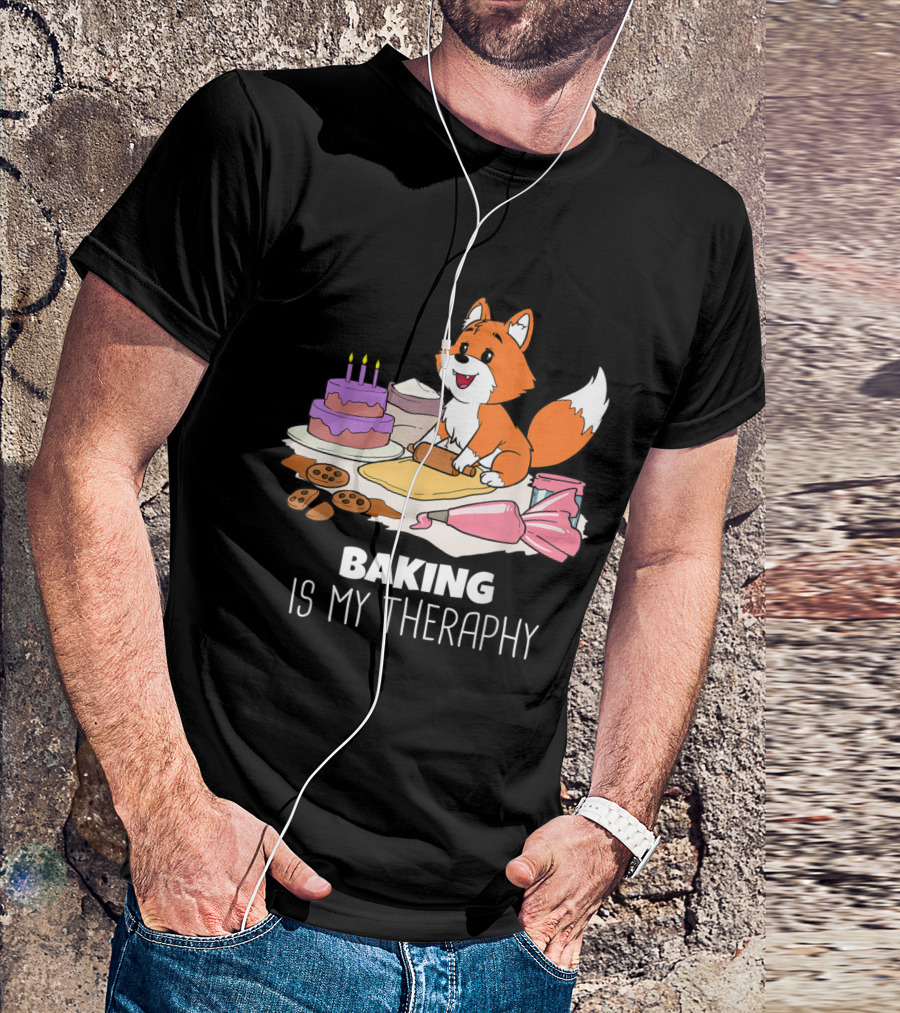 Baking Is My Therapy Cute Fox With Rolling Dough And Sweet Treats T-Shirt