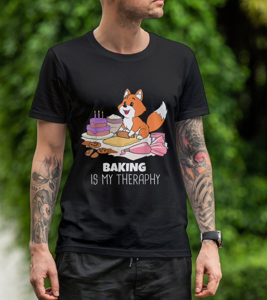 Baking Is My Therapy Cute Fox With Rolling Dough And Sweet Treats T-Shirt