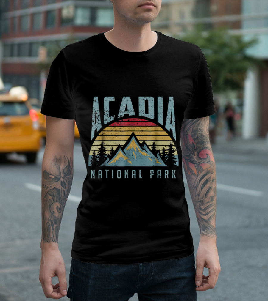 Acadia National Park Maine Retro Mountain Sunset Pines T-Shirt