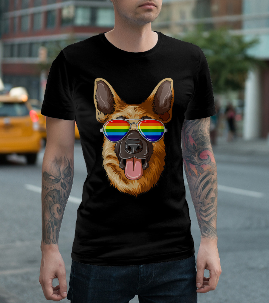 German Shepherd with Rainbow Aviator Sunglasses Iconic Gay Pride T-Shirt