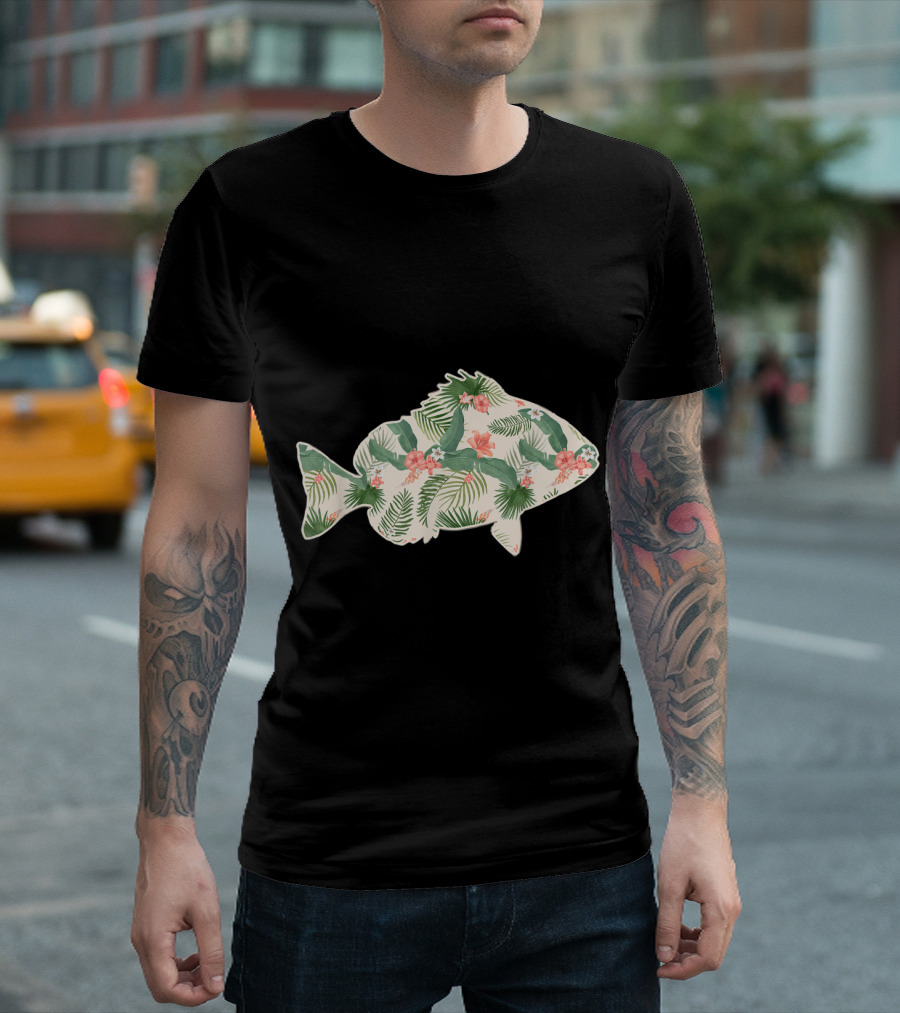 Cichlid Fish With Tropical Floral Pattern And Foliage Elements T-Shirt