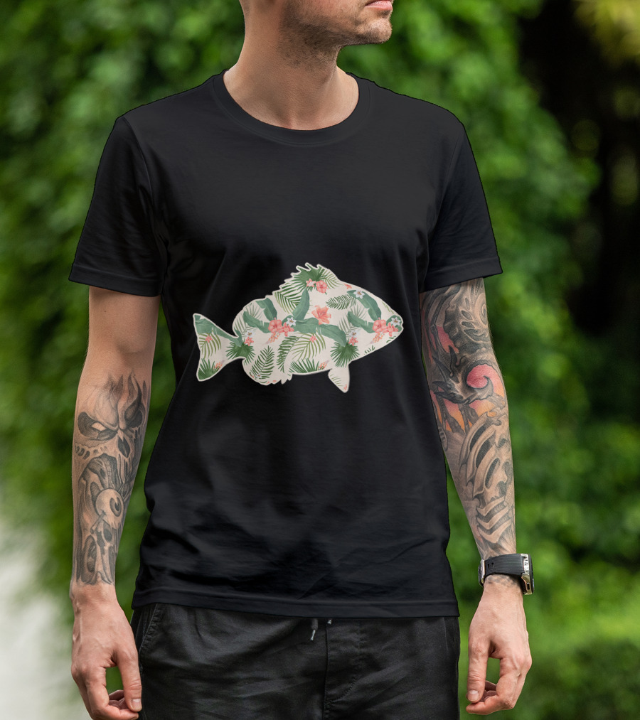 Cichlid Fish With Tropical Floral Pattern And Foliage Elements T-Shirt