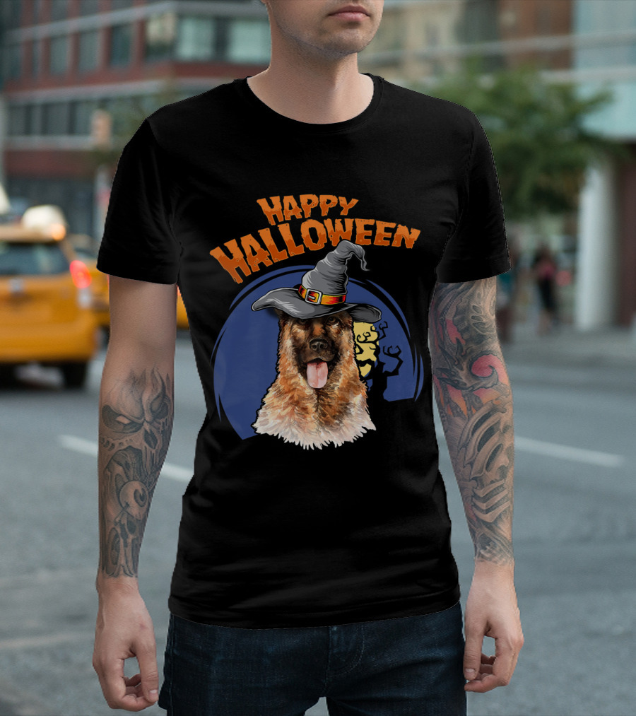 Happy Halloween German Shepherd Witch Hat Moon T-Shirt