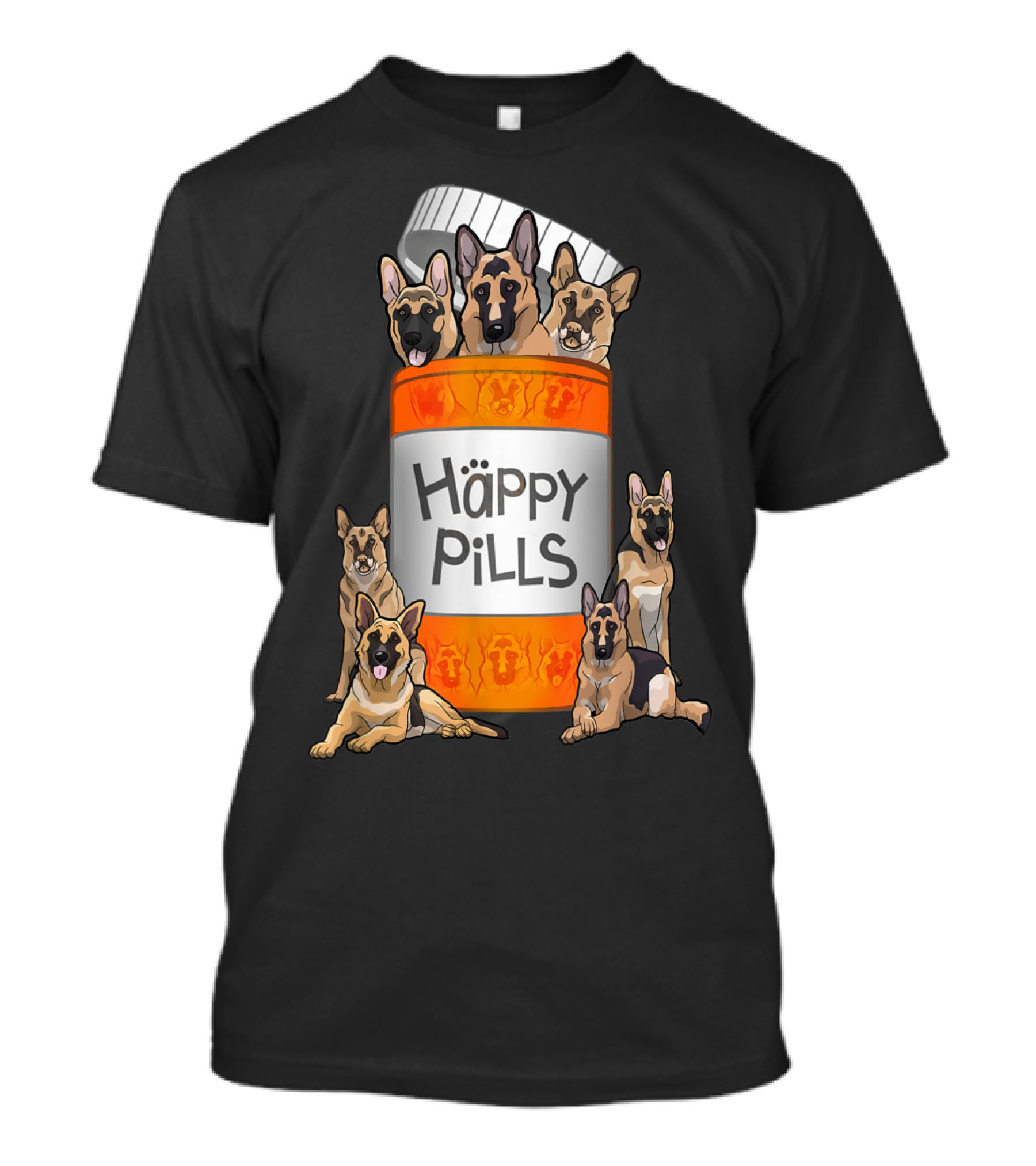 German Shepherds Emerging From Happy Pills Bottle T-Shirt
