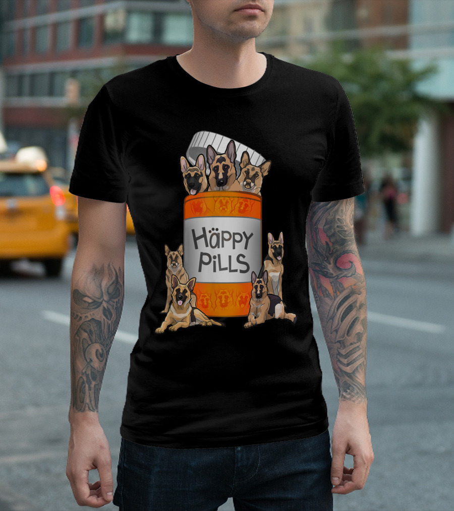German Shepherds Emerging From Happy Pills Bottle T-Shirt