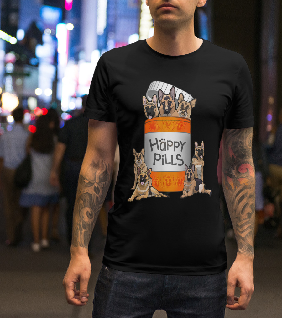 German Shepherds Emerging From Happy Pills Bottle T-Shirt