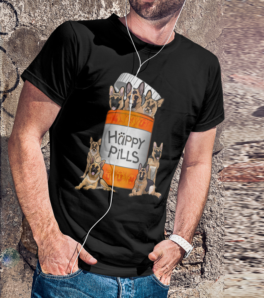 German Shepherds Emerging From Happy Pills Bottle T-Shirt