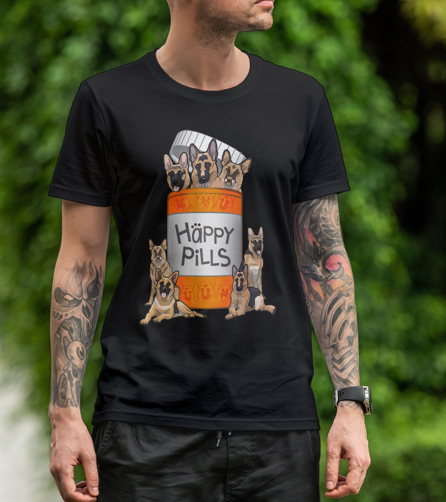German Shepherds Emerging From Happy Pills Bottle T-Shirt