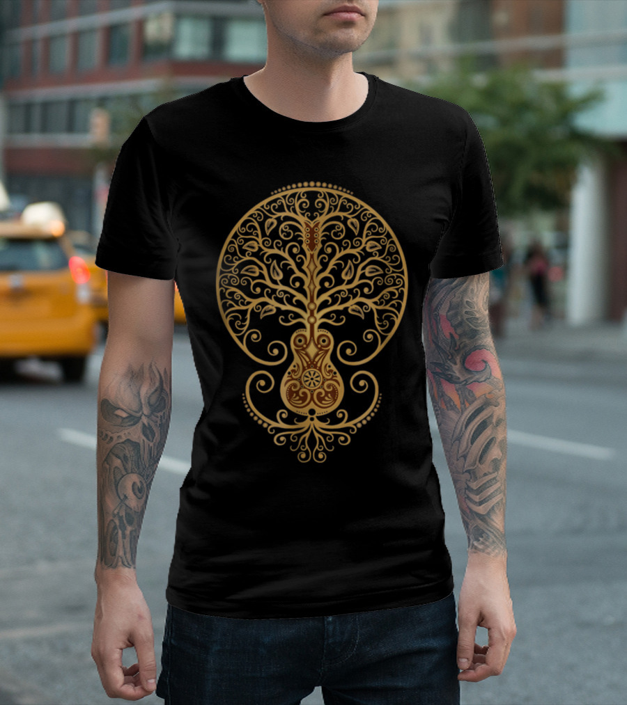 Acoustic Guitar Tree Of Life Intricate Gold Design Flourishing Roots And Branches T-Shirt