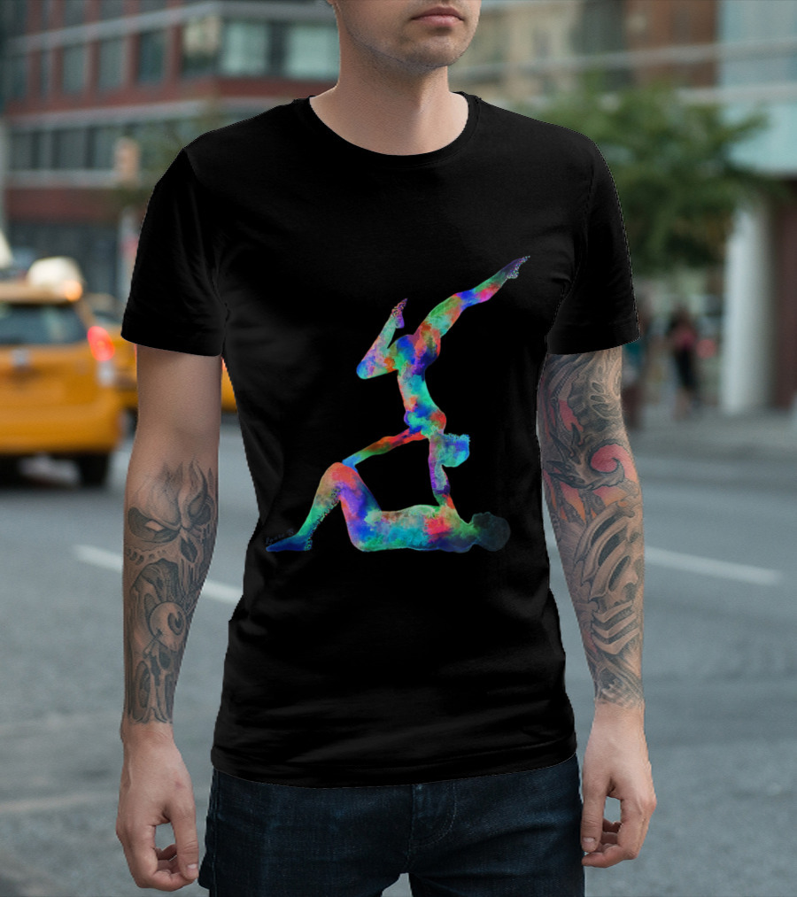 Acro Yoga Vibrant Silhouette Duo Balancing Poses T-Shirt