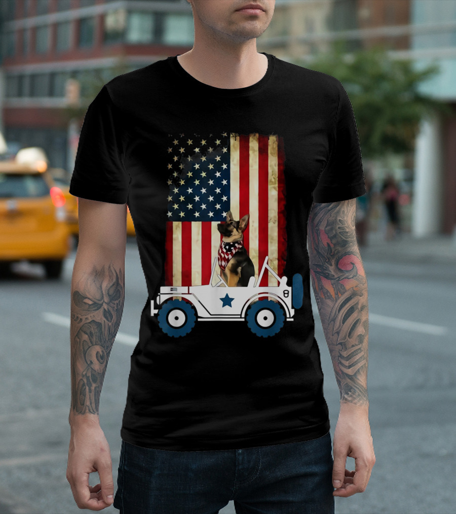 German Shepherd in Jeep with American Flag Background T-Shirt