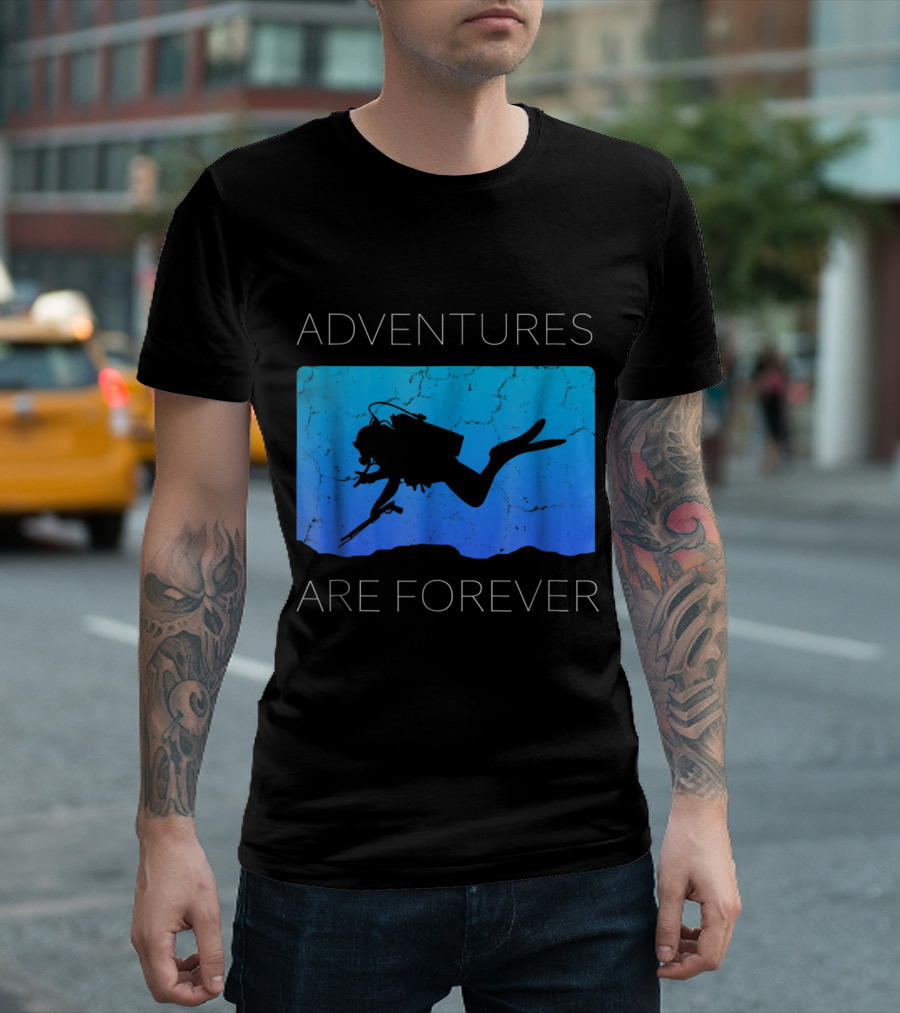 Adventures Are Forever Scuba Diving Silhouette On Blue Ocean Background T-Shirt