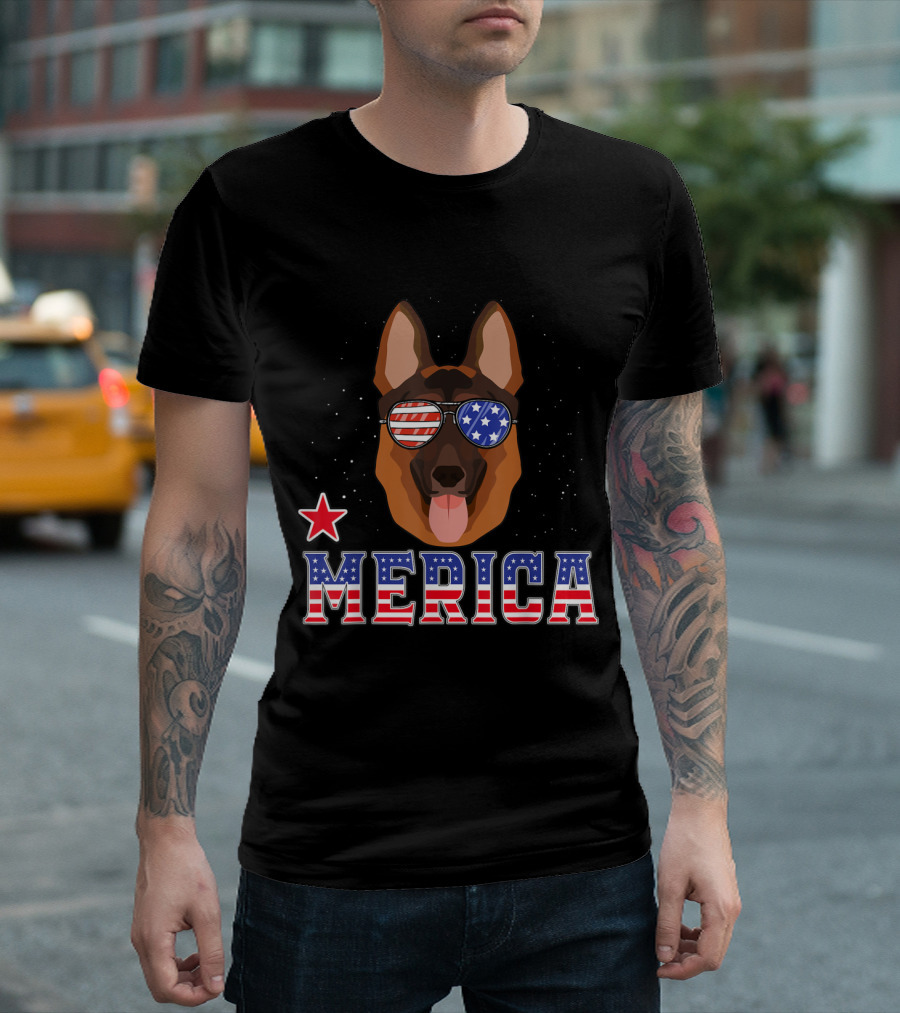 German Shepherd Merica Fourth of July American Flag Sunglasses and Star T-Shirt