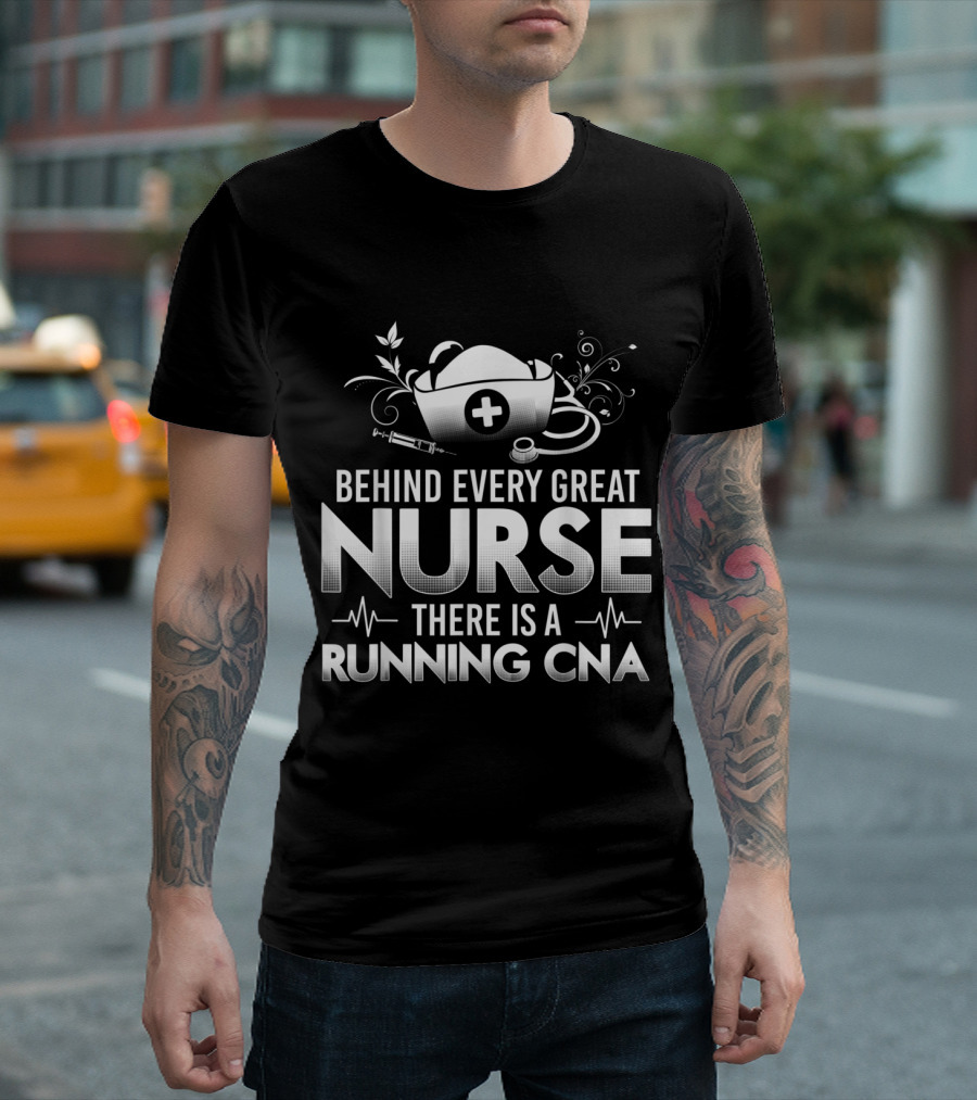Behind Every Great Nurse There Is A Running CNA Design with Nurse Cap and Medical Symbols T-Shirt