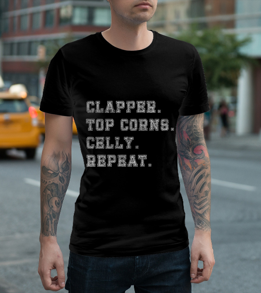Clapper Top Corns Celly Repeat Hockey Slang Motivation Text T-Shirt