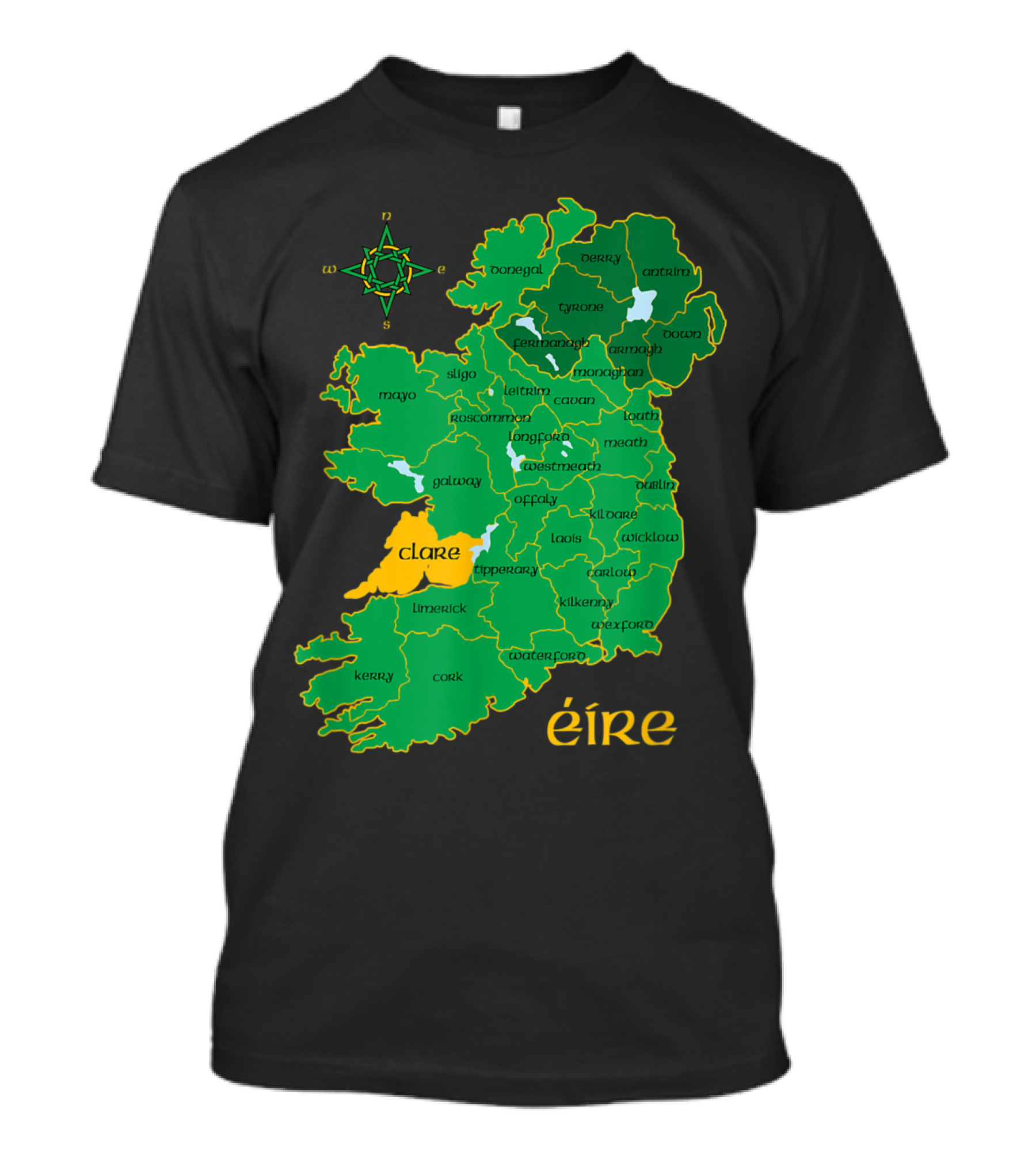 Eire Map Featuring Clare County Highlighted In Yellow With Compass Rose T-Shirt