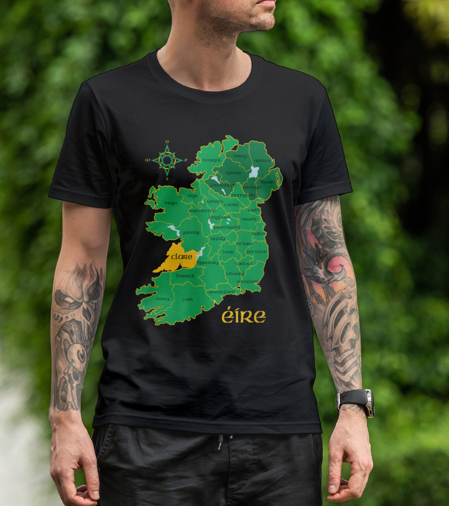 Eire Map Featuring Clare County Highlighted In Yellow With Compass Rose T-Shirt