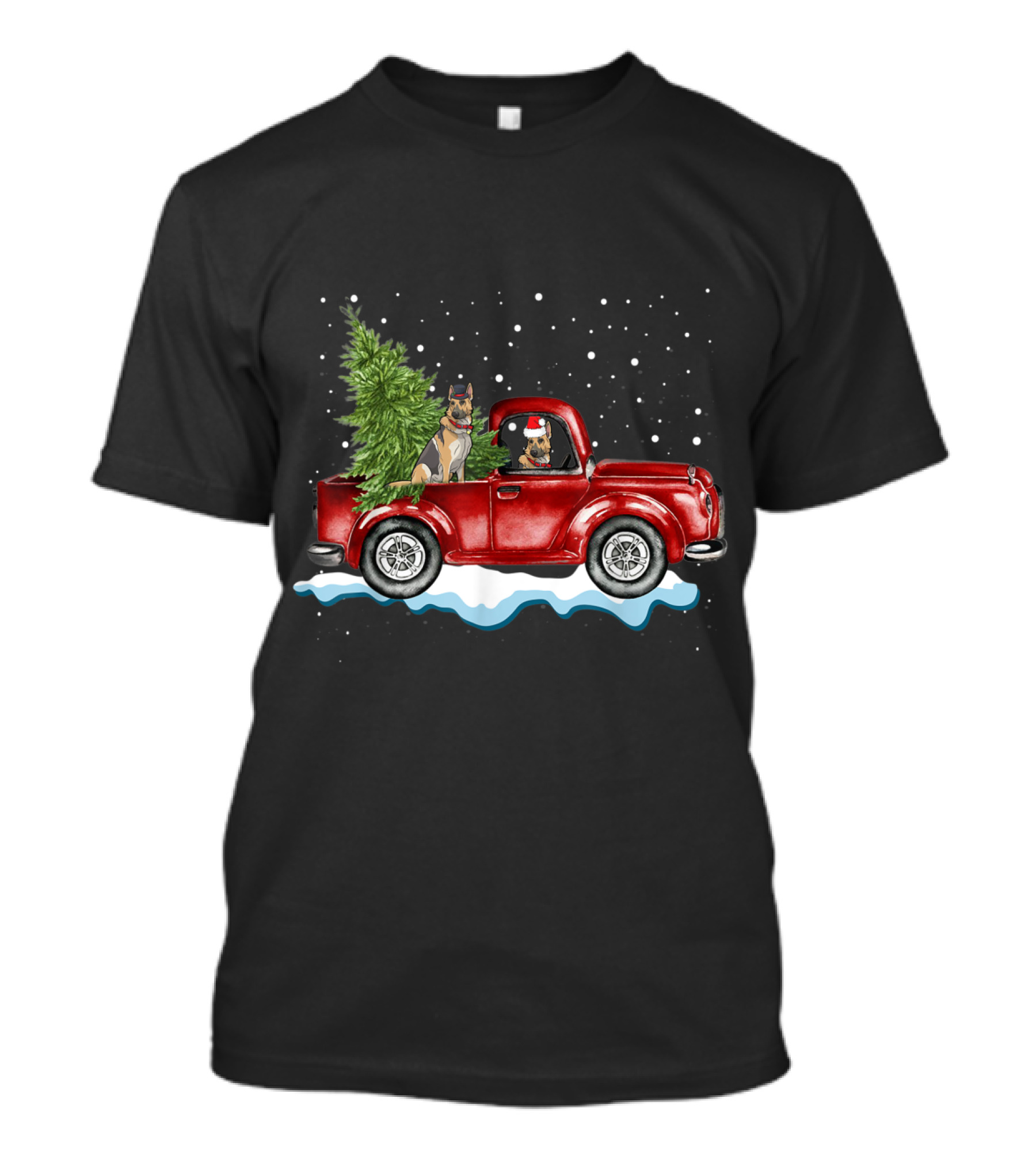German Shepherds With Christmas Tree In Red Pickup Truck Snow Scene T-Shirt