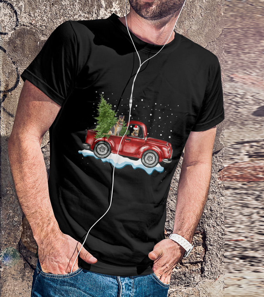 German Shepherds With Christmas Tree In Red Pickup Truck Snow Scene T-Shirt
