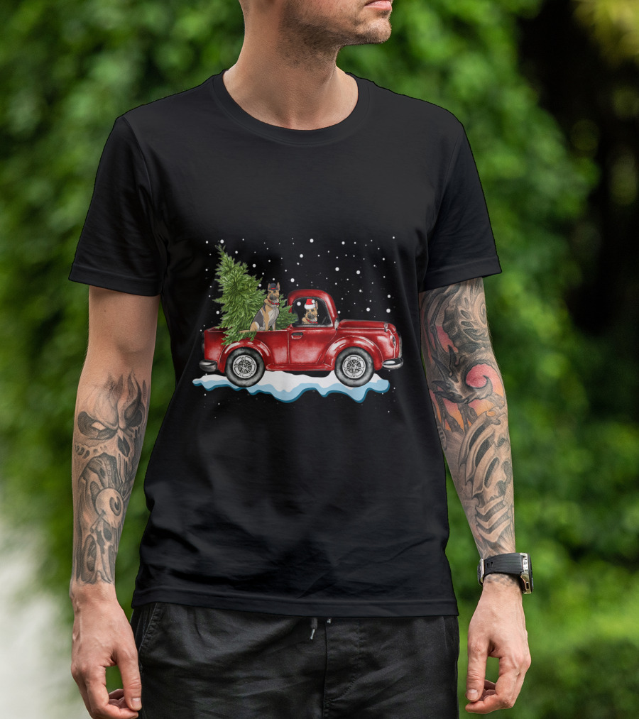 German Shepherds With Christmas Tree In Red Pickup Truck Snow Scene T-Shirt