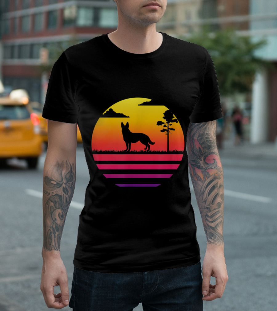 German Shepherd Silhouette with Vintage Sunset and Nature Scene T-Shirt