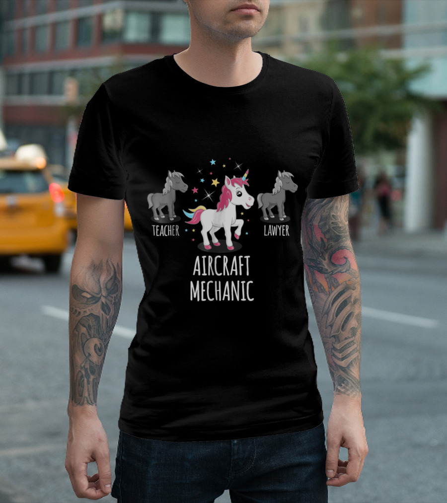 Whimsical Aircraft Mechanic Unicorn Surrounded by Teacher and Lawyer Horses T-Shirt