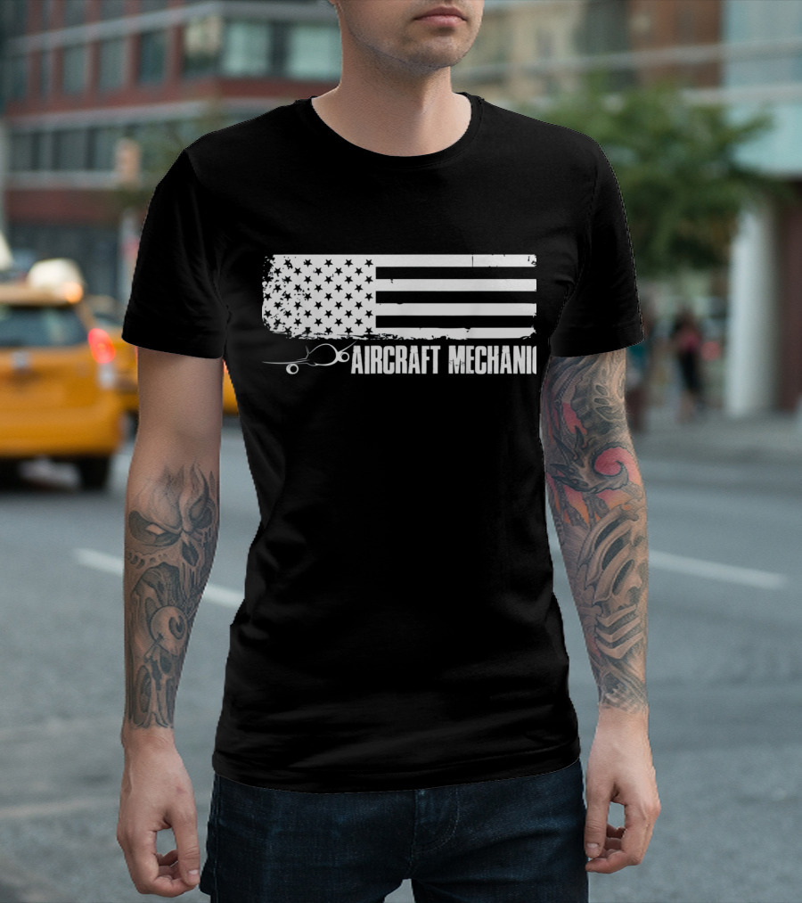 American Flag and Airplane Graphic Aircraft Mechanic T-Shirt