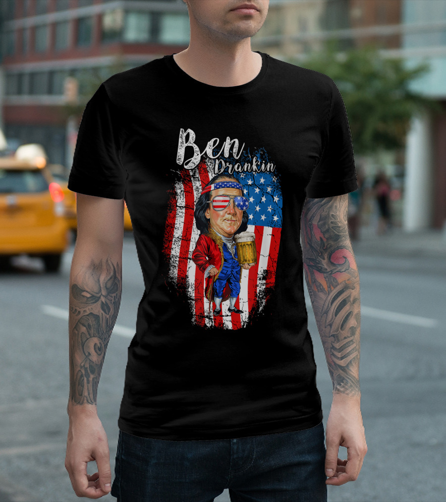 Ben Drankin Patriotic Vintage Benjamin with Beer Fourth of July American Flag T-Shirt