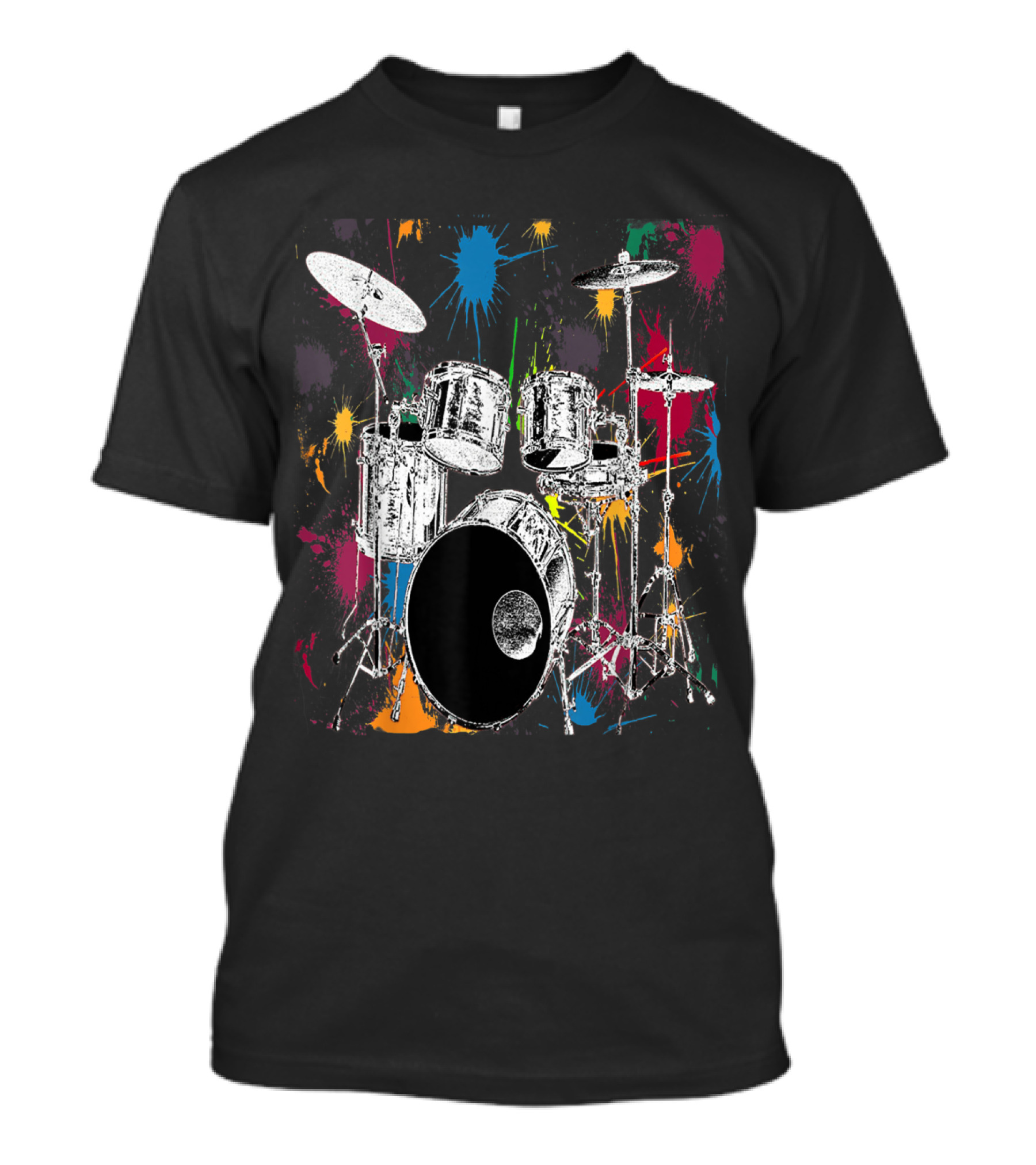 Drummer Silver Drum Set With Colorful Paint Splatter Background T-Shirt