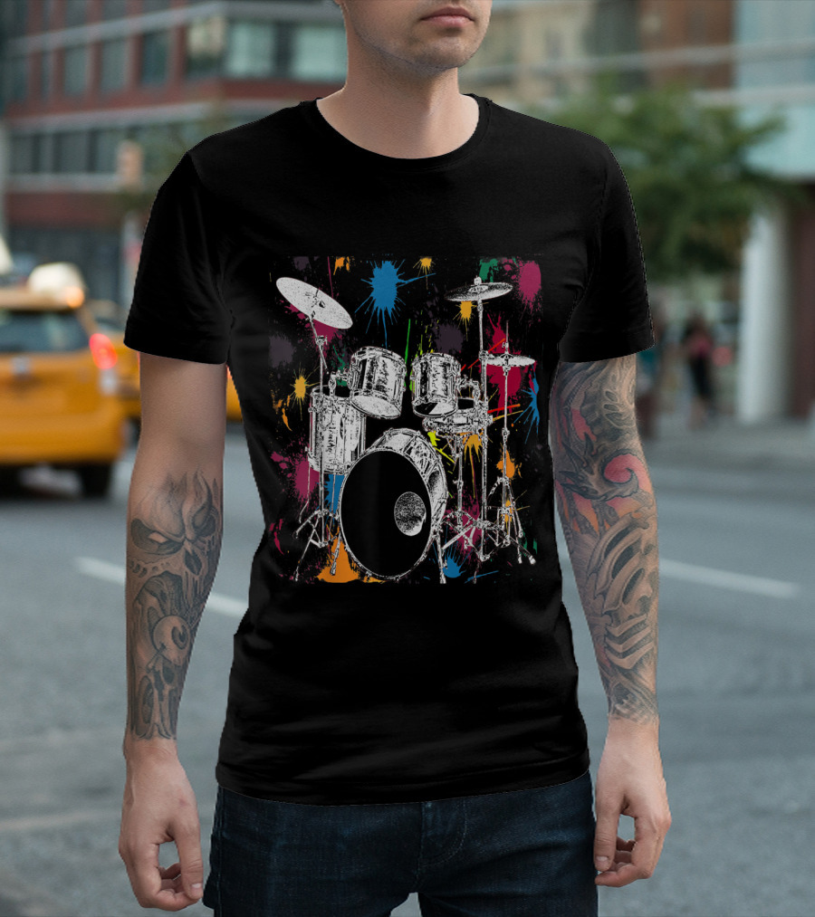 Drummer Silver Drum Set With Colorful Paint Splatter Background T-Shirt