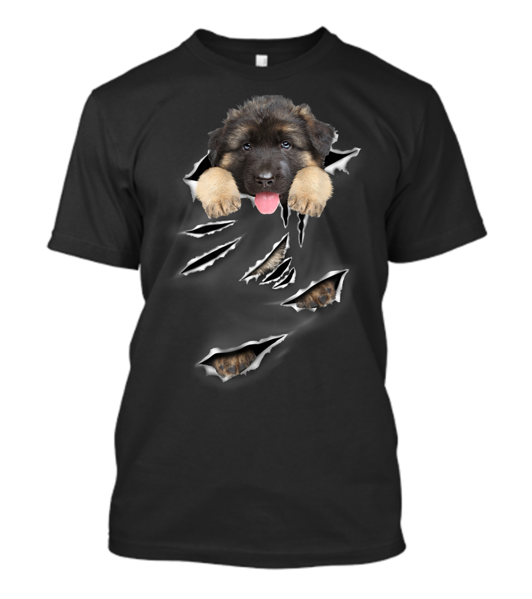 German Shepherd Puppy Peeking Through Torn Fabric T-Shirt