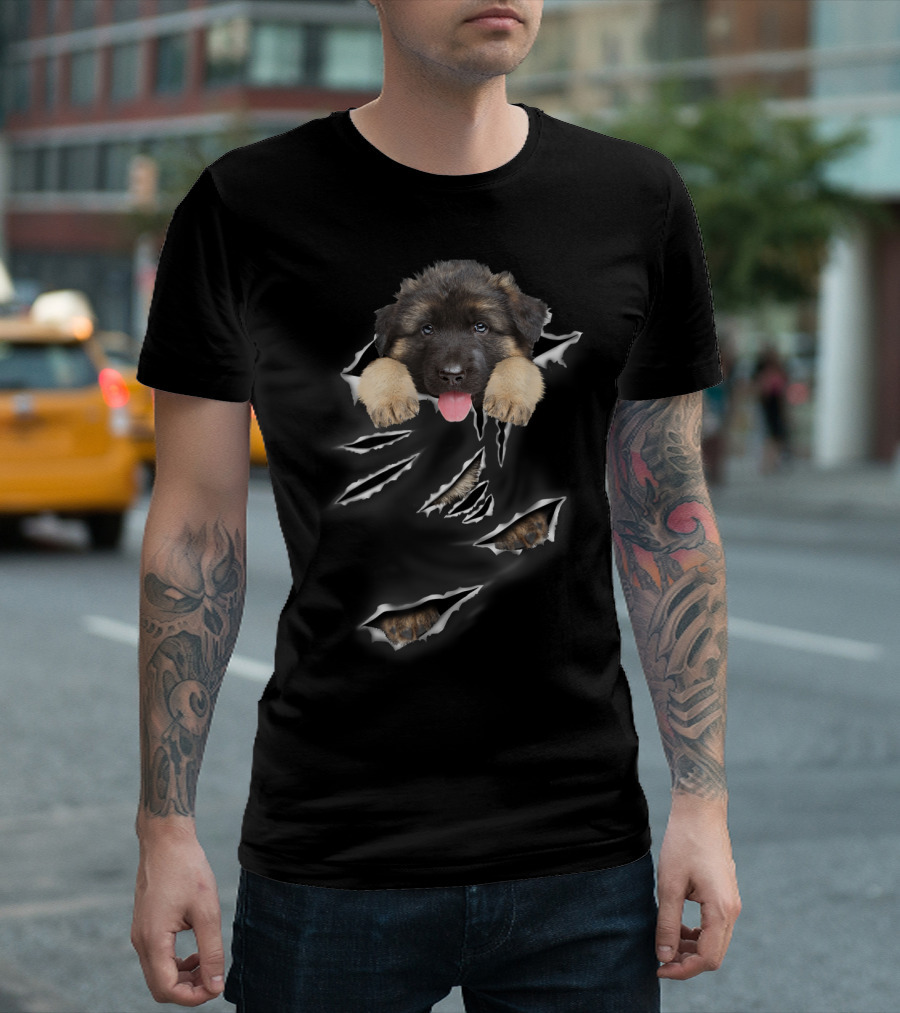 German Shepherd Puppy Peeking Through Torn Fabric T-Shirt
