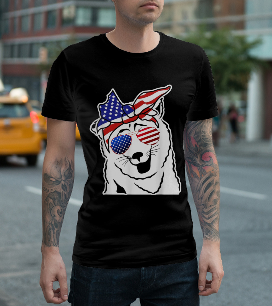 Akita Dog Wearing American Flag Bandana and Sunglasses 4th of July Independence Day T-Shirt