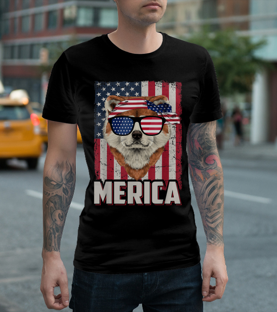 Akita Merica Dog with American Flag Sunglasses Bandana USA T-Shirt