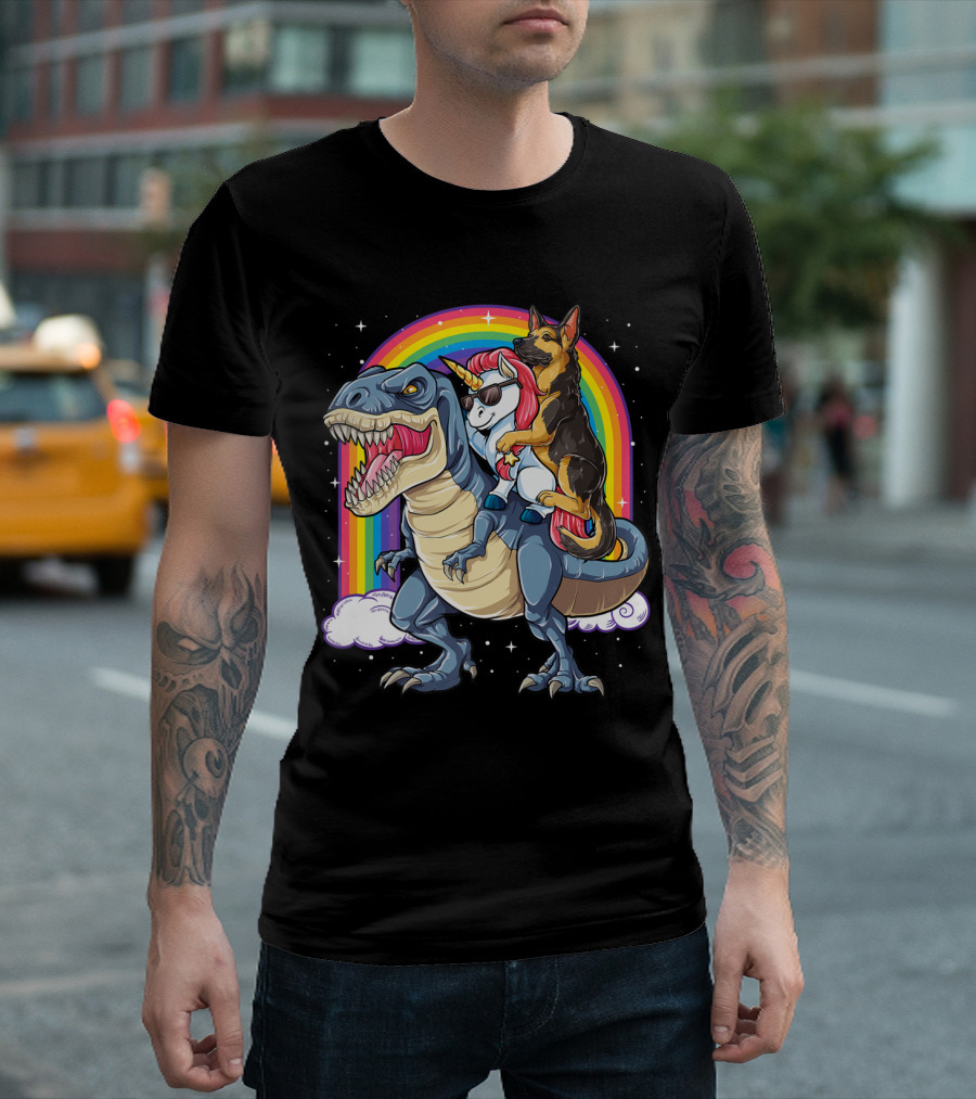 German Shepherd Unicorn Riding Dinosaur T-Shirt
