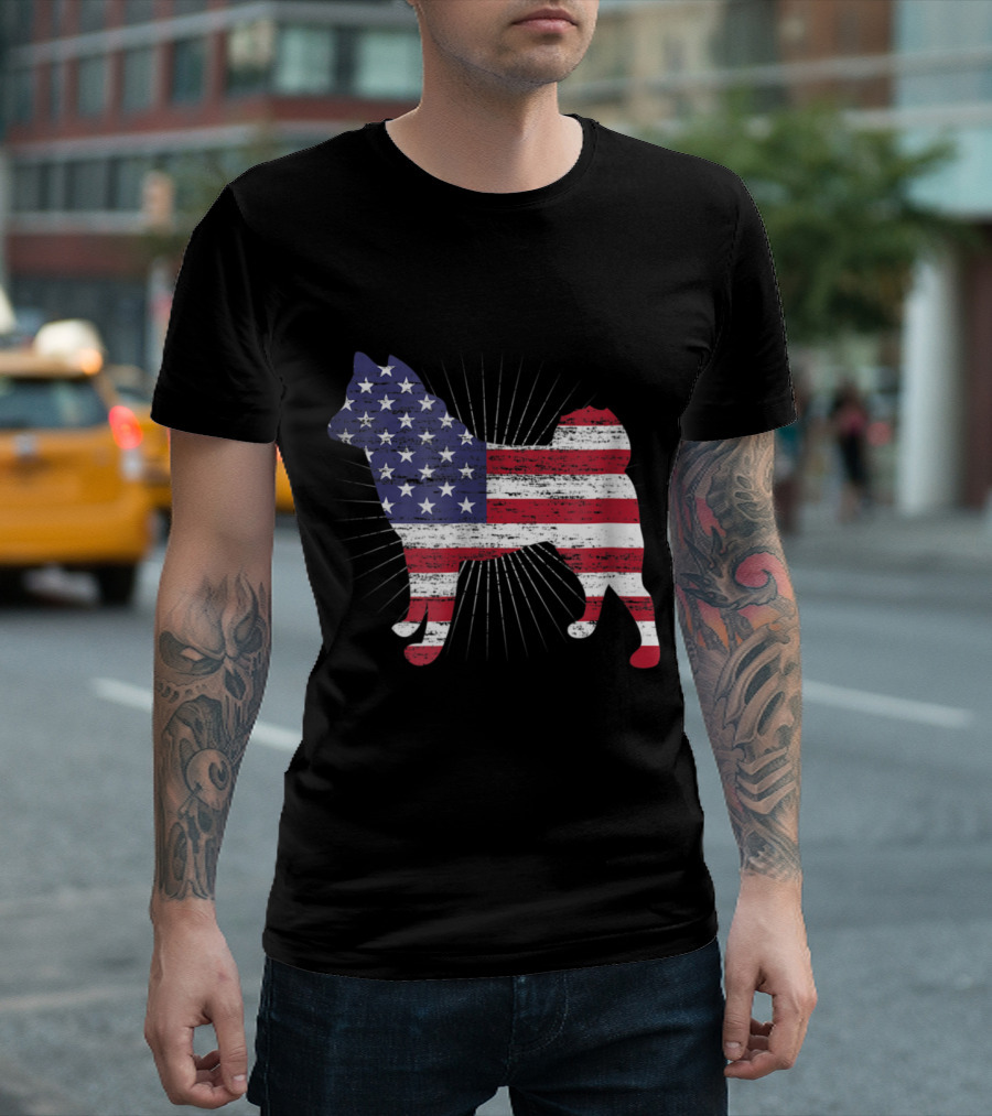 Akita Silhouette With American Flag Pattern Patriotic T-Shirt