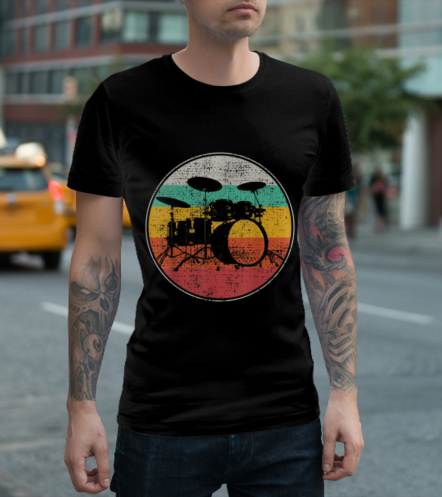 Retro Drumset Silhouette in Vintage Color Bands T-Shirt