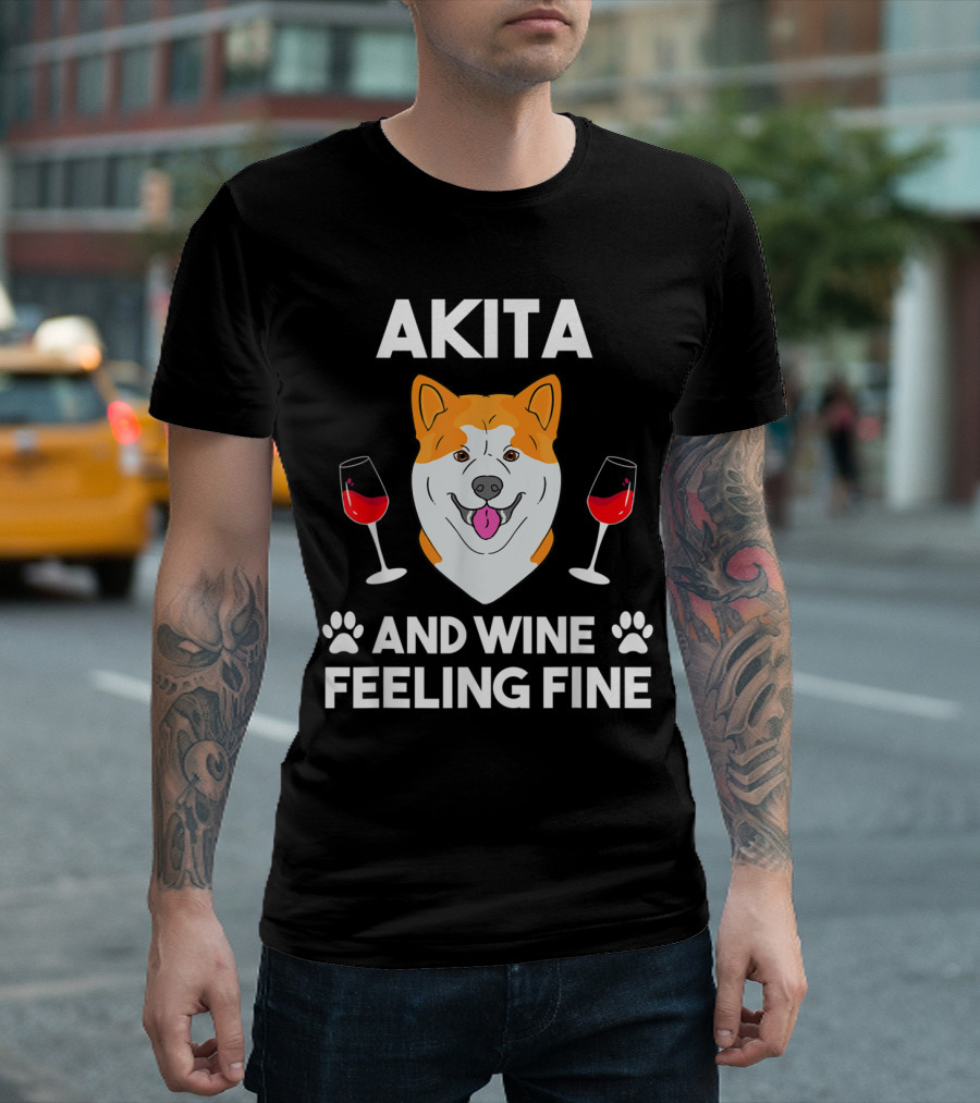 Akita and Wine Feeling Fine Japanese Akita With Paw Prints and Red Wine Glasses T-Shirt