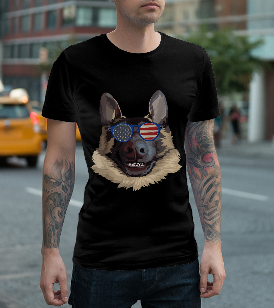 German Shepherd Wearing US Flag-Themed Sunglasses Iconic T-Shirt