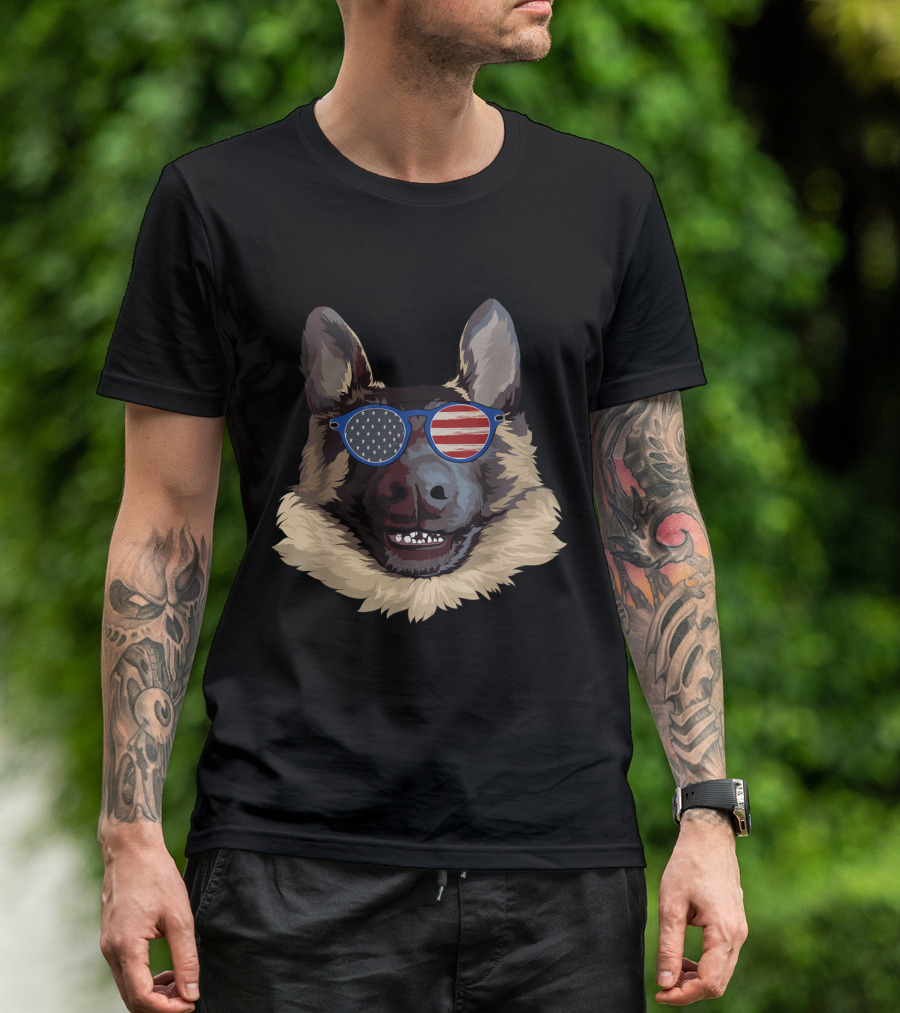 German Shepherd Wearing US Flag-Themed Sunglasses Iconic T-Shirt