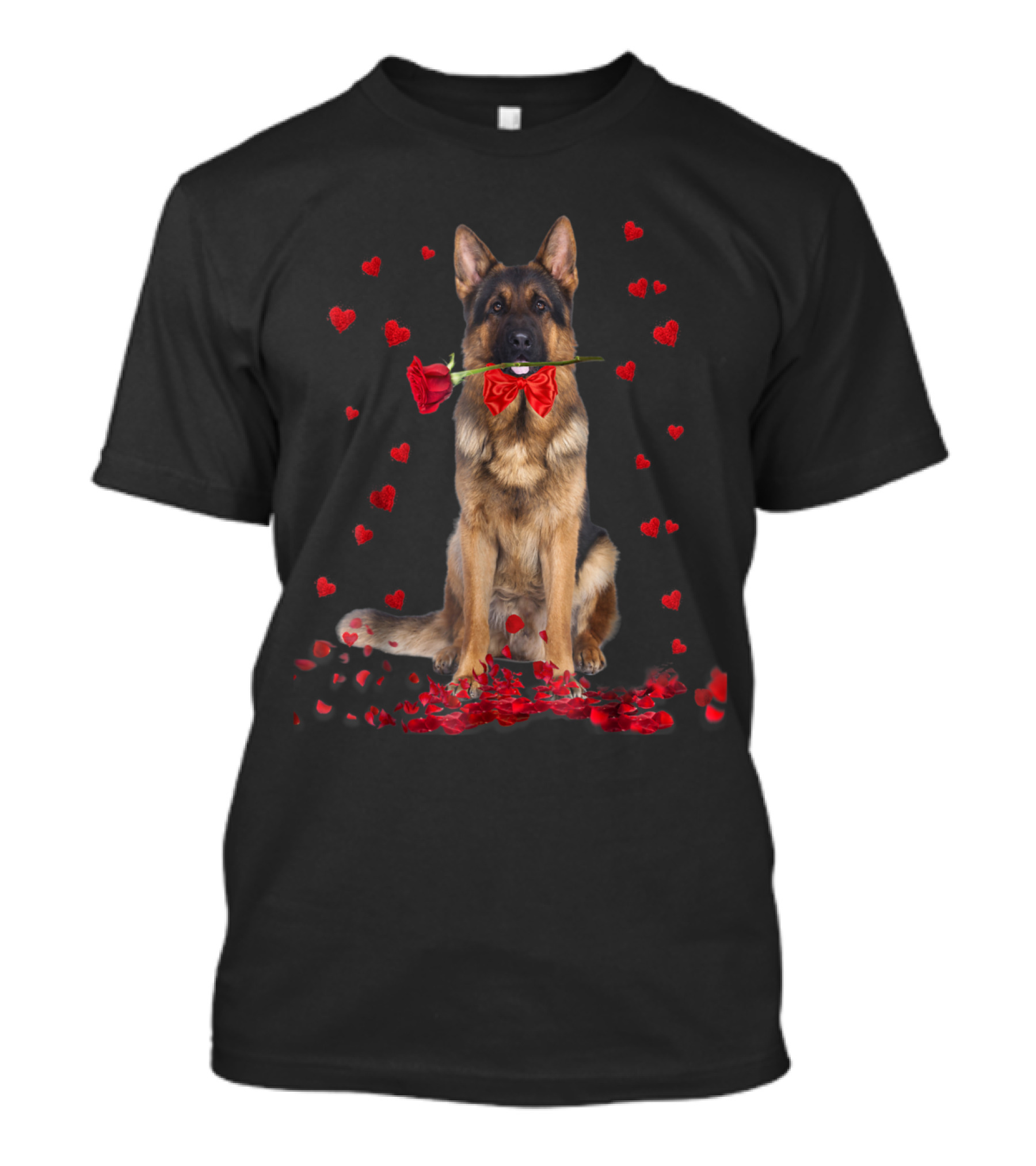 German Shepherd Holding Rose Surrounded By Hearts And Petals Valentine's Day T-Shirt