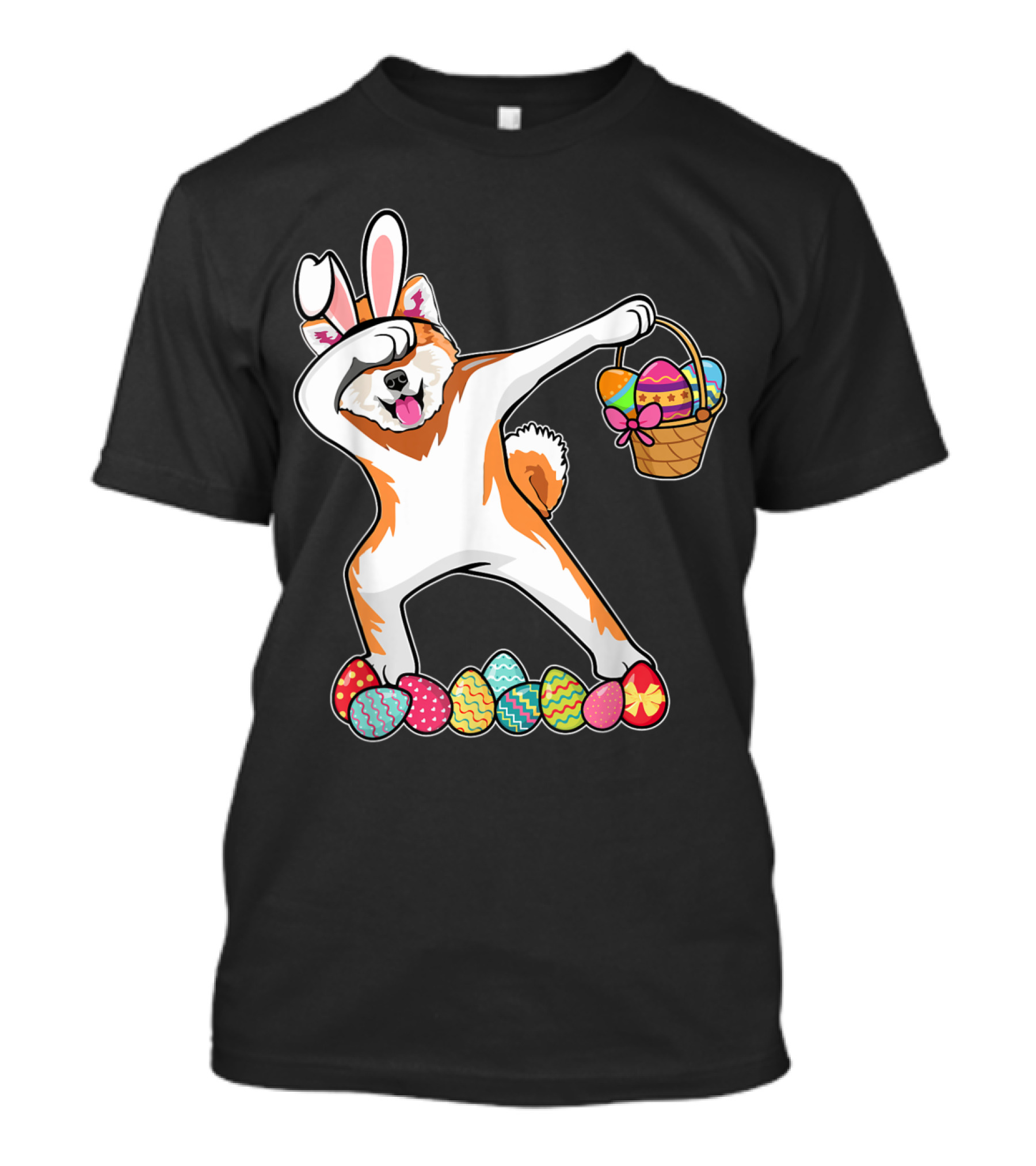 Akita Dog Dabbing With Bunny Ears And Easter Egg Basket Surrounded By Colorful Eggs T-Shirt