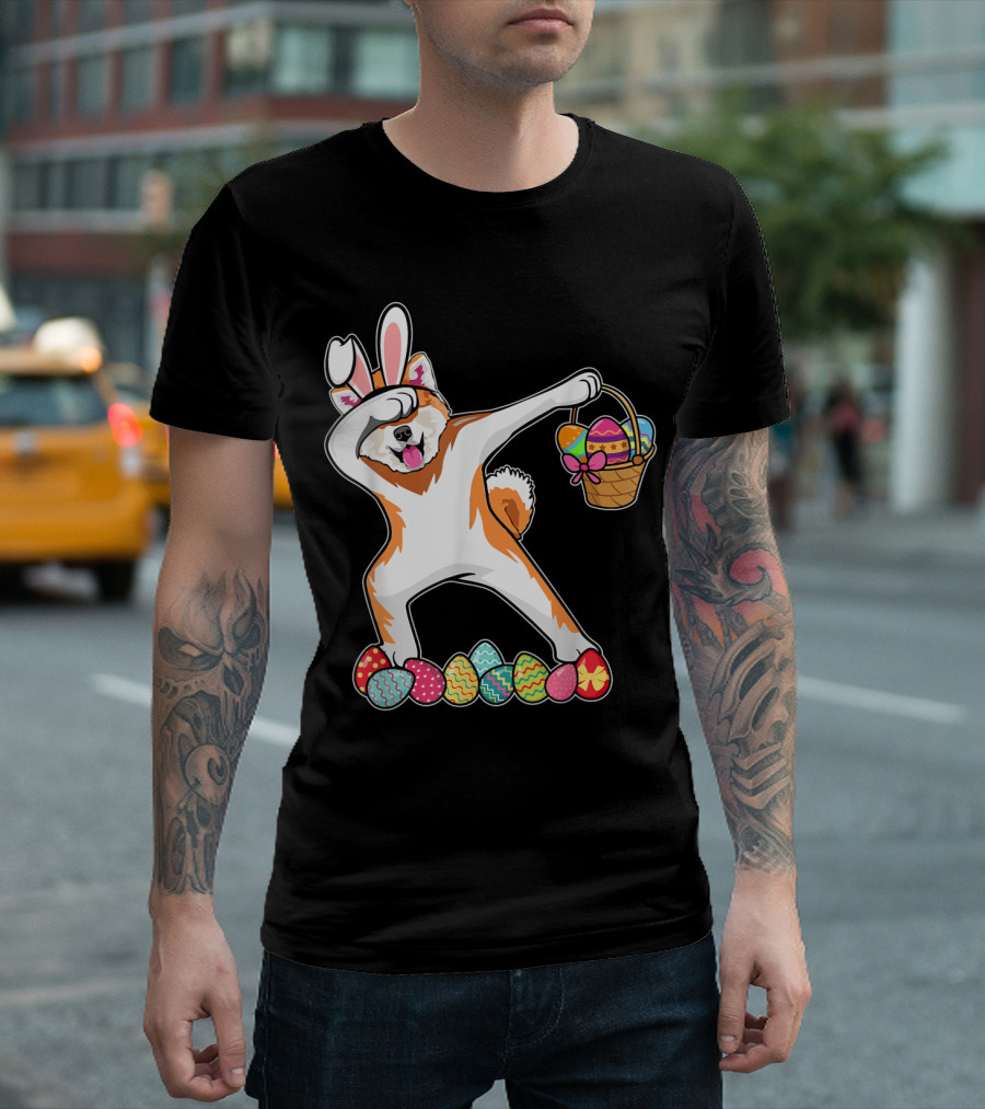 Akita Dog Dabbing With Bunny Ears And Easter Egg Basket Surrounded By Colorful Eggs T-Shirt
