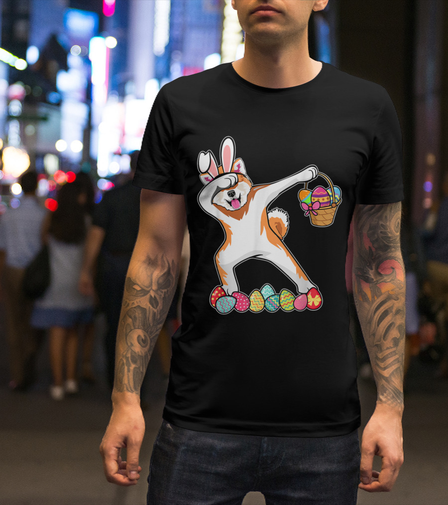 Akita Dog Dabbing With Bunny Ears And Easter Egg Basket Surrounded By Colorful Eggs T-Shirt