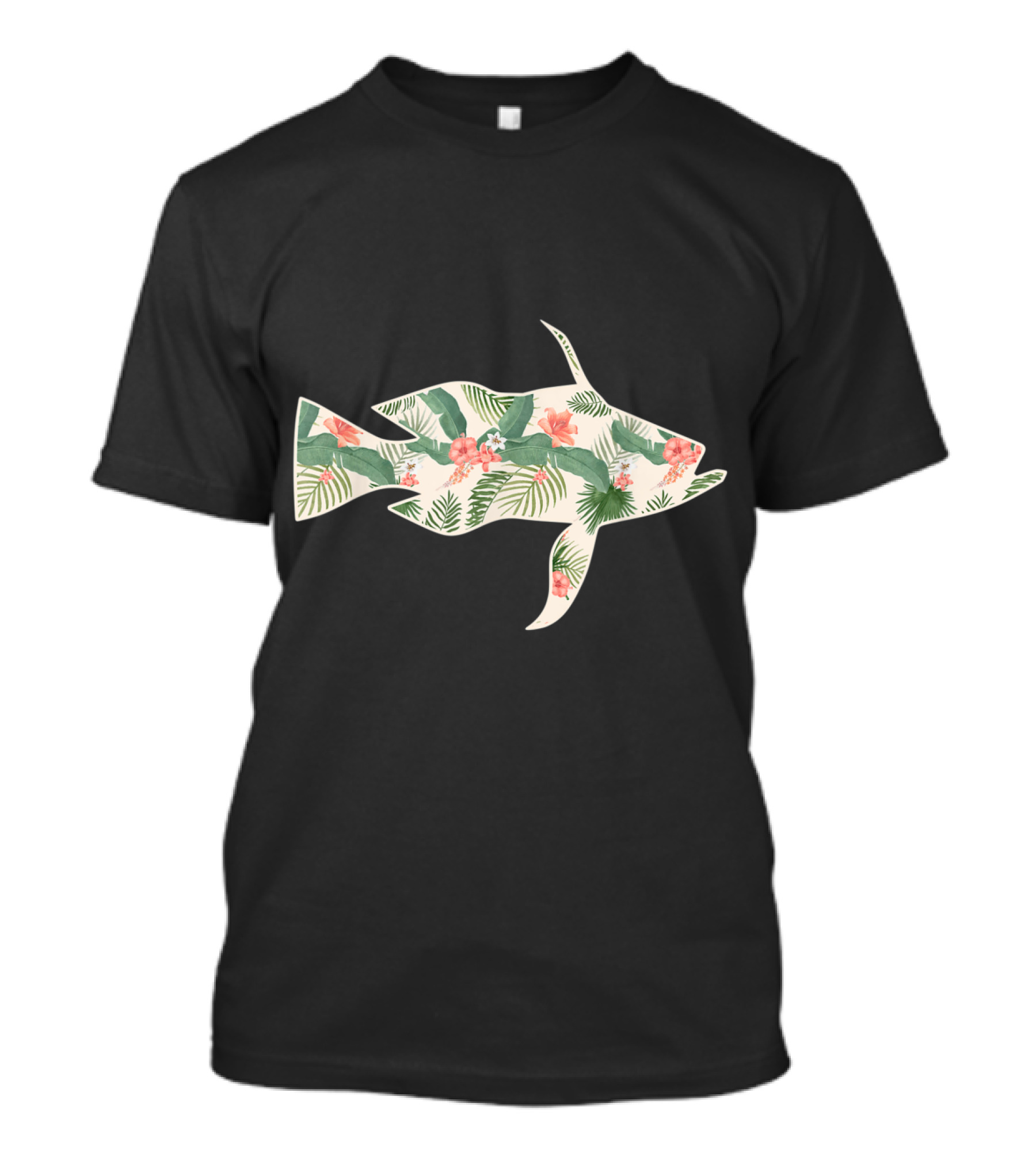 Cod Floral Fish Silhouette With Tropical Flower Girl Print T-Shirt