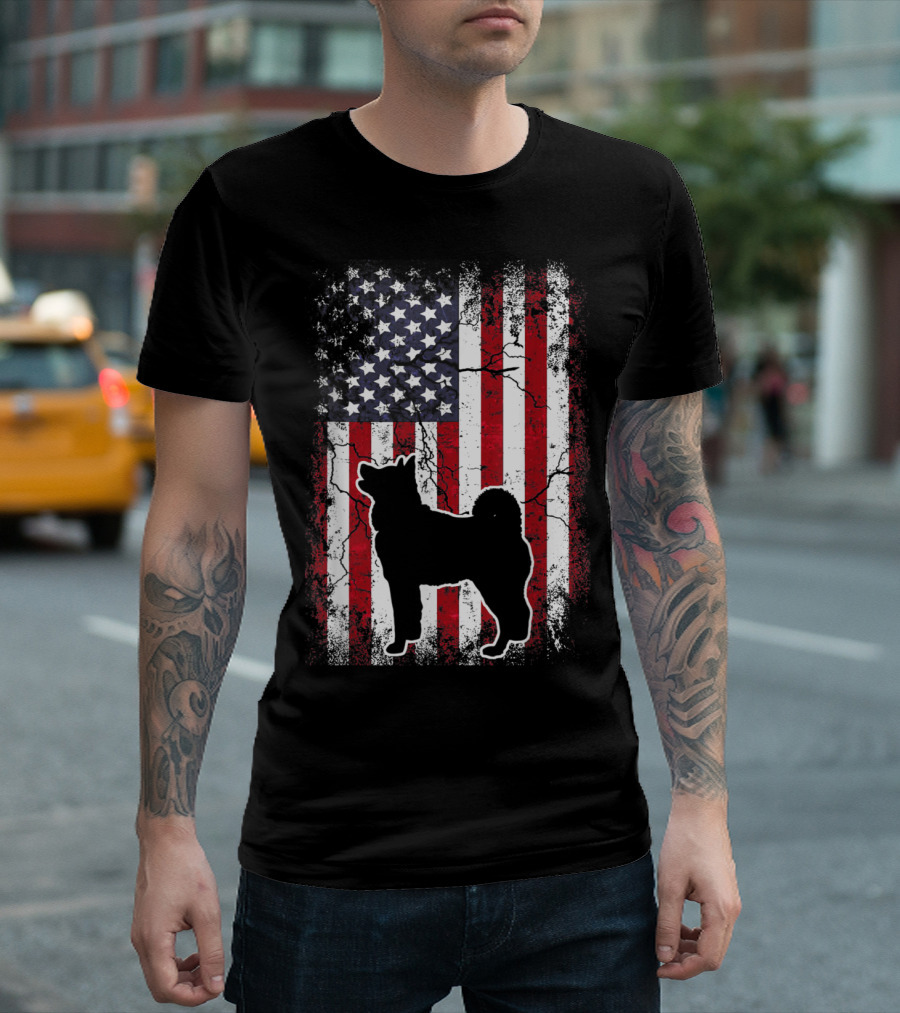 Akita Dog Silhouette with Distressed American Flag Background T-Shirt