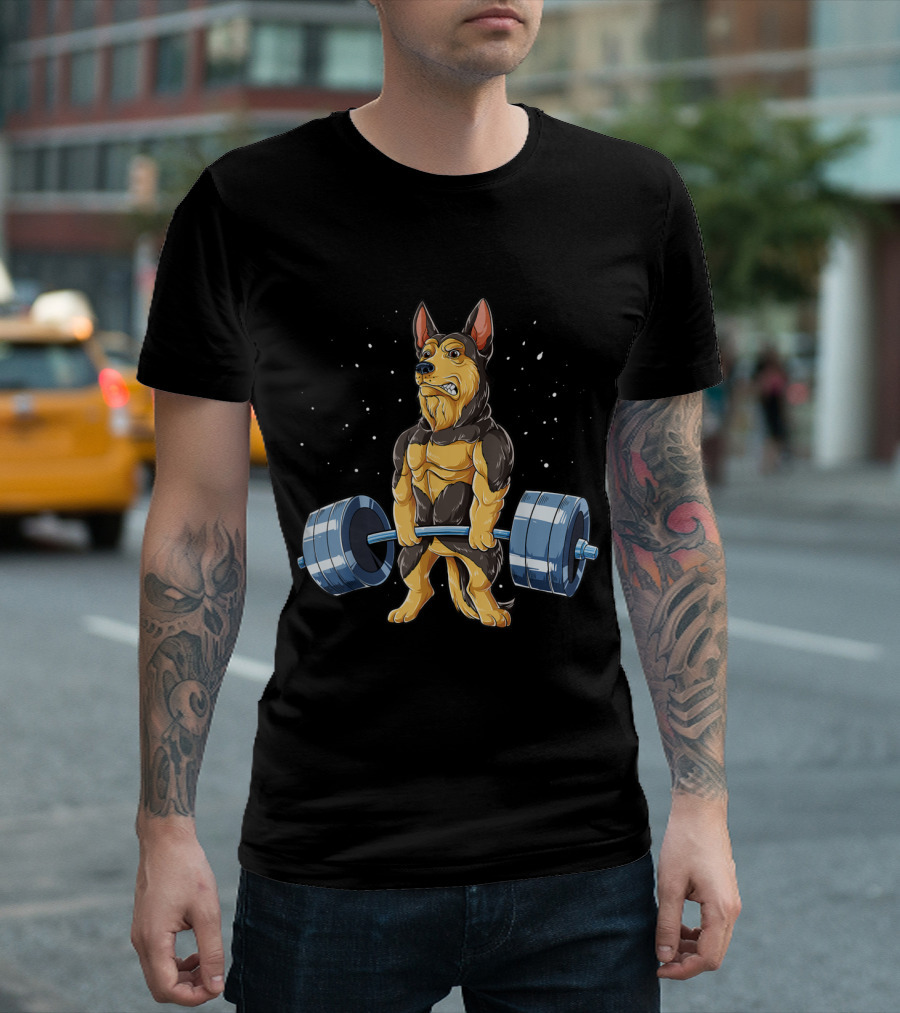 German Shepherd Funny Weightlifting Dog with Barbell Drawing T-Shirt