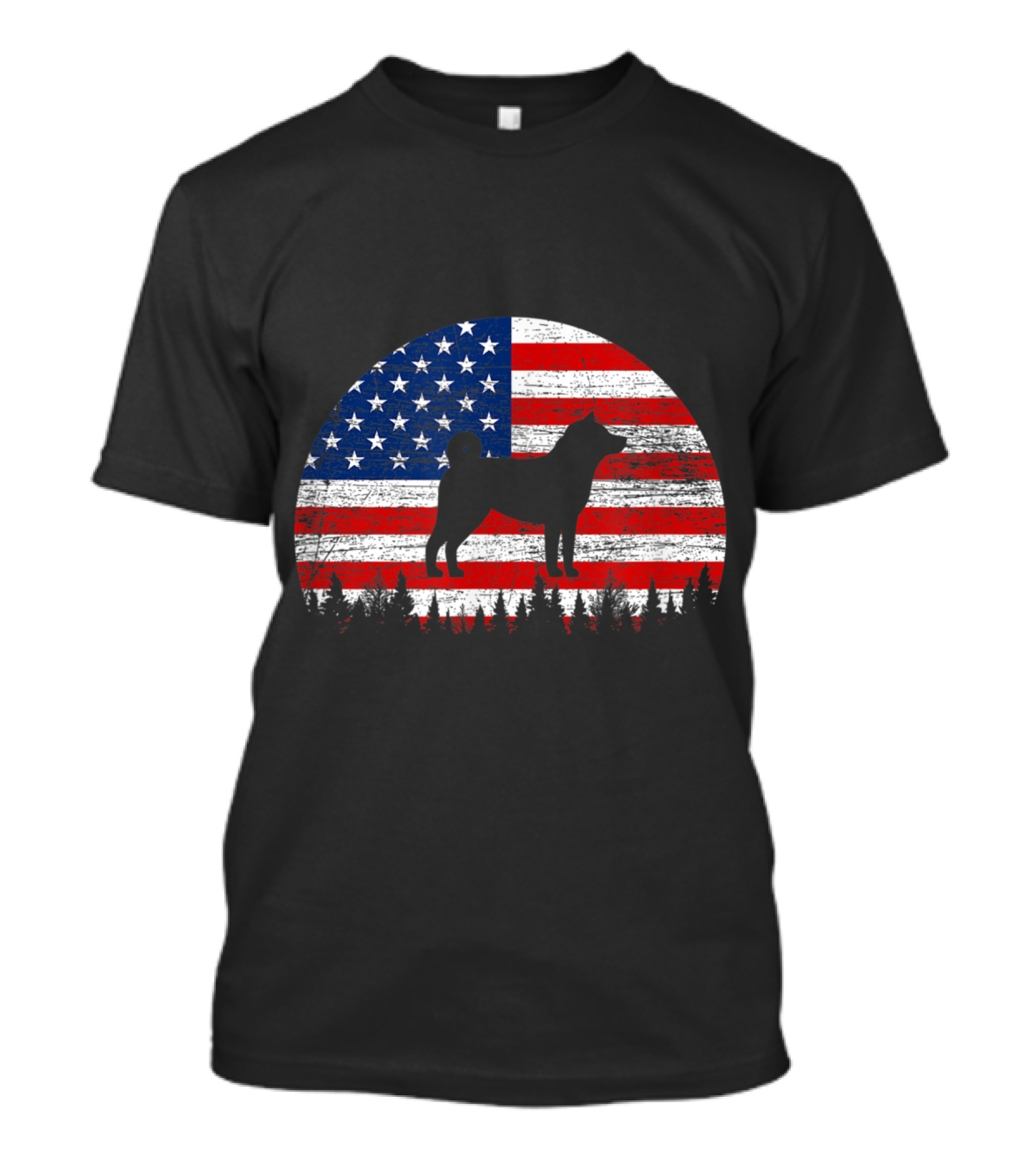 Akita Dog Silhouette With American Flag And Forest Scene For 4th Of July T-Shirt